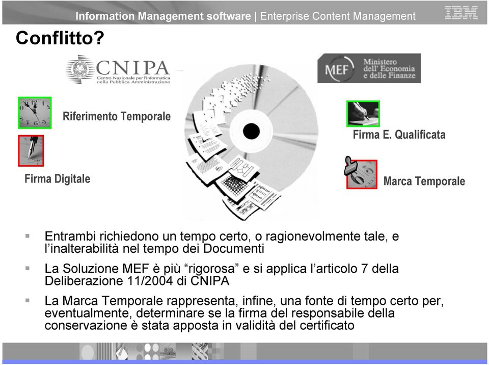 dei Documenti La Soluzione MEF è più rigorosa e si applica l articolo 7 della Deliberazione 11/2004 di CNIPA La Marca Temporale