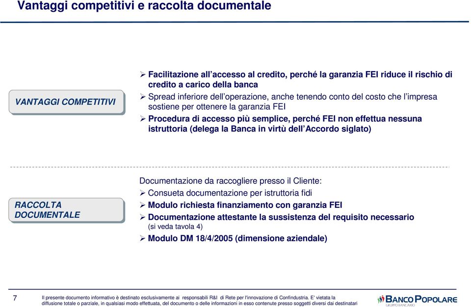 dell Accordo siglato) RACCOLTA DOCUMENTALE Documentazione da raccogliere presso il Cliente: Consueta documentazione per istruttoria fidi Modulo richiesta finanziamento con garanzia FEI Documentazione