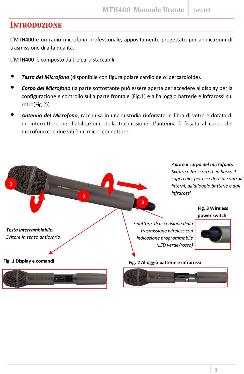 Corpo del Microfono (la parte sottostante può essere aperta per accedere al display per la configurazione e controllo sulla parte frontale (Fig.1) e all alloggio batterie e infrarossi sul retro(fig.