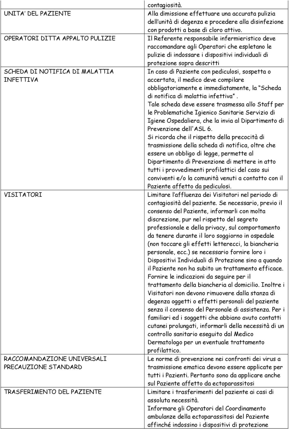 Il Referente responsabile infermieristico deve raccomandare agli Operatori che espletano le pulizie di indossare i dispositivi individuali di protezione sopra descritti In caso di Paziente con