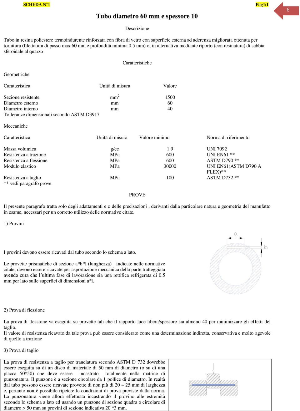 5 mm) o, in alternativa mediante riporto (con resinatura) di sabbia sferoidale al quarzo Geometriche Caratteristica Unità di misura Valore Sezione resistente mm 2 1500 Diametro esterno mm 60 Diametro