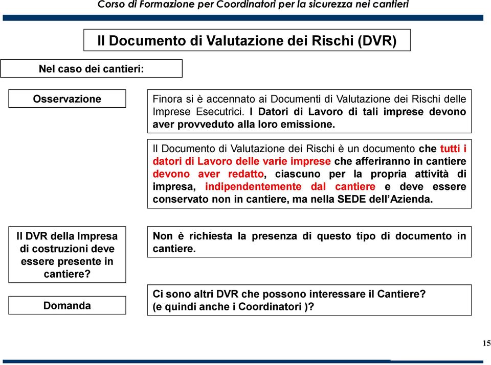 Il Documento di Valutazione dei Rischi è un documento che tutti i datori di Lavoro delle varie imprese che afferiranno in cantiere devono aver redatto, ciascuno per la propria attività di