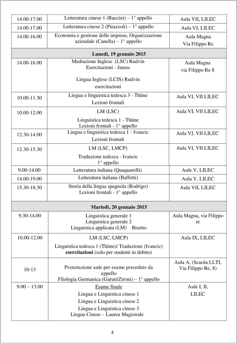 30 Lingua Inglese (LCIS) Rudvin Lingua e linguistica tedesca 3 - Thüne Lezioni frontali 10.00-12.00 LM (LSC) 12.30-14.