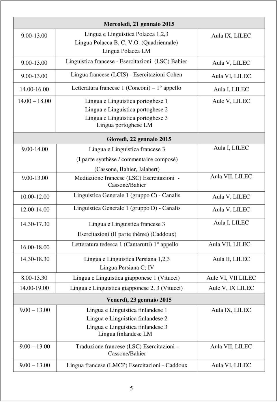 00 Lingua e Linguistica portoghese 1 Lingua e Linguistica portoghese 2 Lingua e Linguistica portoghese 3 Lingua portoghese LM Giovedì, 22 gennaio 2015 9.00-14.