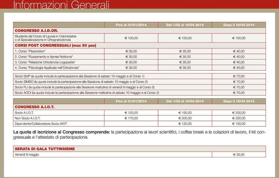 Corso Russamento e Apnea Notturna e 30,00 e 35,00 e 40,00 3. Corso Relazione Ortodonzia-Logopedia e 30,00 e 35,00 e 40,00 4.