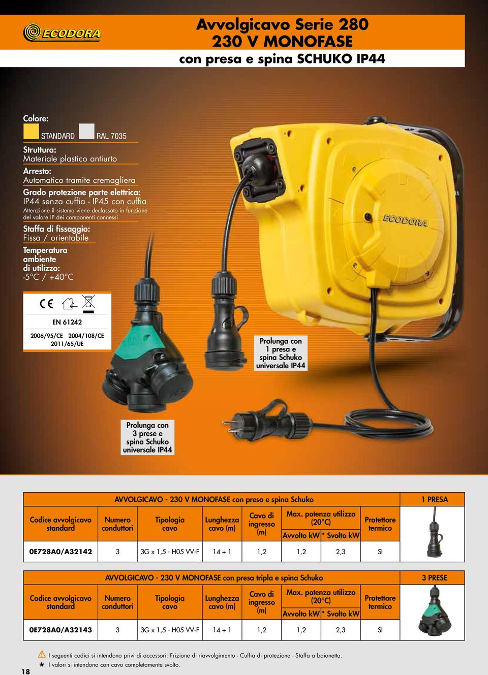 di utilizzo: -5 C / +40 C EN 61242 2006/95/CE 2004/108/CE 2011/65/UE Prolunga con 1 presa e spina Schuko universale IP44 Prolunga con 3 prese e spina Schuko universale IP44 AVVOLGICAVO - 230 V