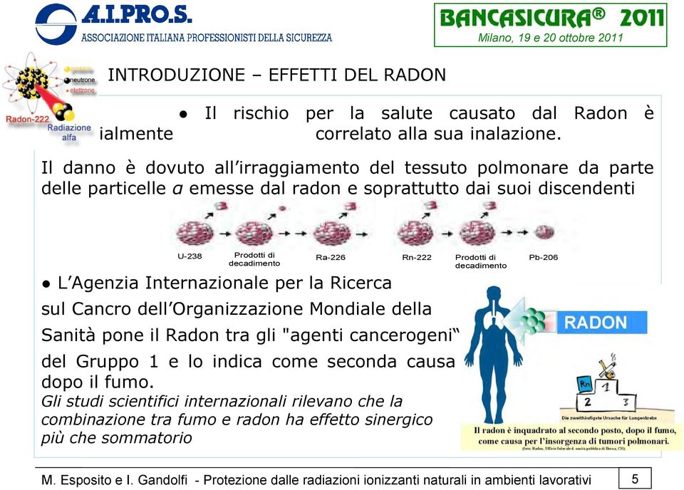 L Agenzia Internazionale per la Ricerca Ra-226 Rn-222 Prodotti di decadimento sul Cancro dell Organizzazione Mondiale della Sanità pone il Radon tra gli "agenti