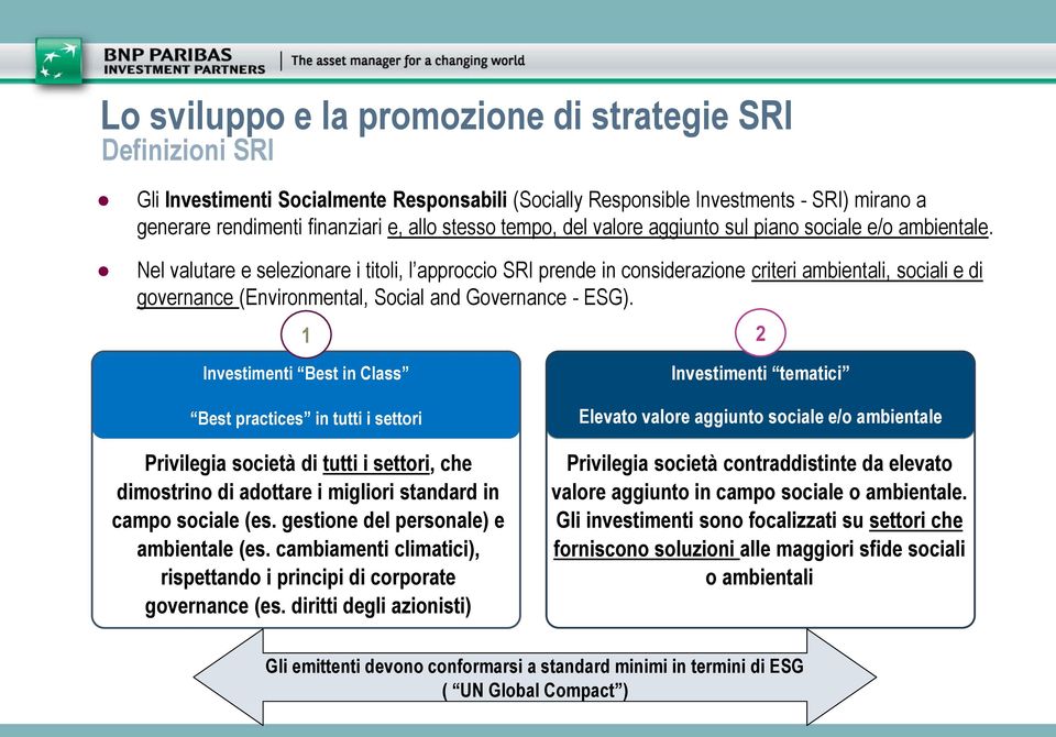 Nel valutare e selezionare i titoli, l approccio SRI prende in considerazione criteri ambientali, sociali e di governance (Environmental, Social and Governance - ESG).