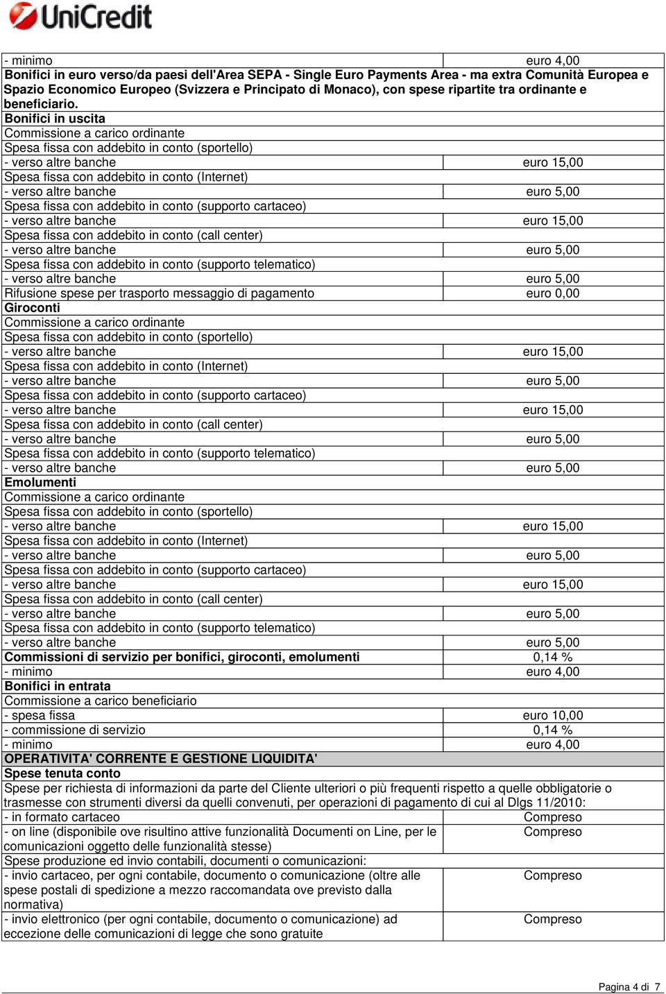 Commissione a carico ordinante Spesa fissa con addebito in conto (sportello) Spesa fissa con addebito in conto (Internet) Spesa fissa con addebito in conto (supporto cartaceo) Spesa fissa con