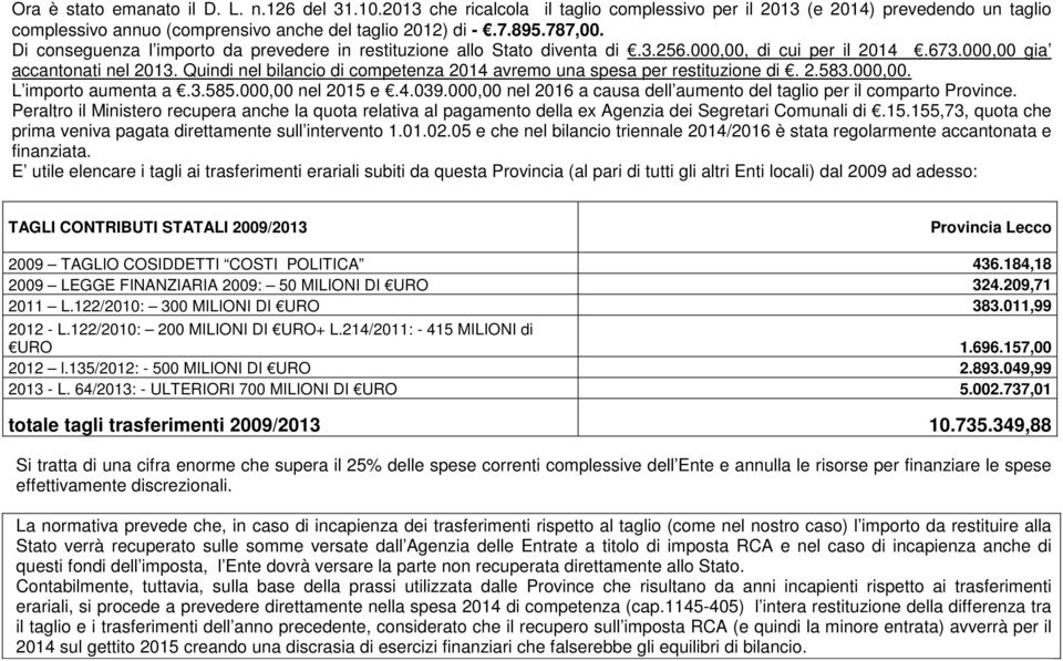 Quindi nel bilancio di competenza 2014 avremo una spesa per restituzione di. 2.583.000,00. L importo aumenta a.3.585.000,00 nel 2015 e.4.039.