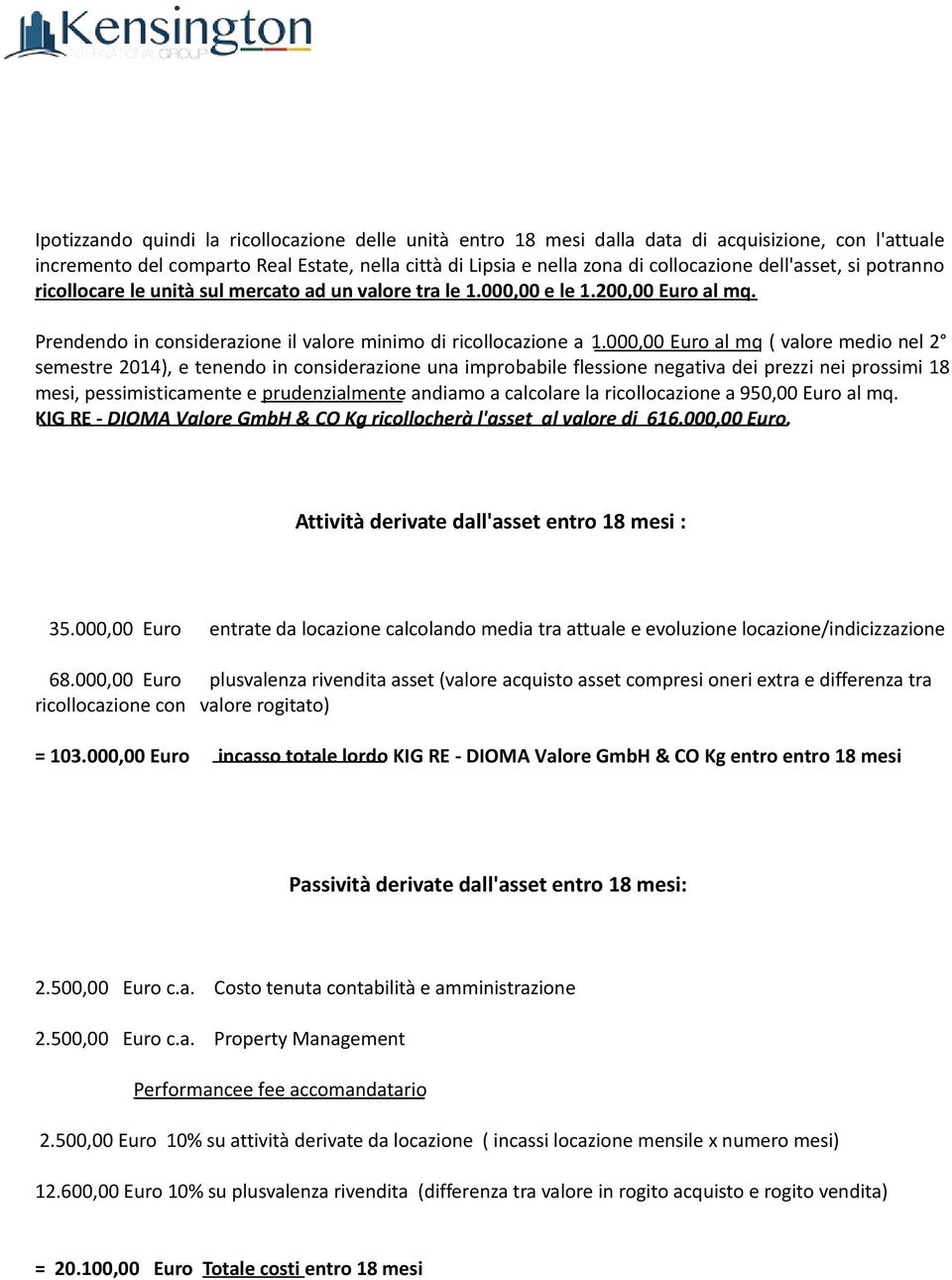 000,00 Euro al mq ( valore medio nel 2 semestre 2014), e tenendo in considerazione una improbabile flessione negativa dei prezzi nei prossimi 18 mesi, pessimisticamente e prudenzialmente andiamo a