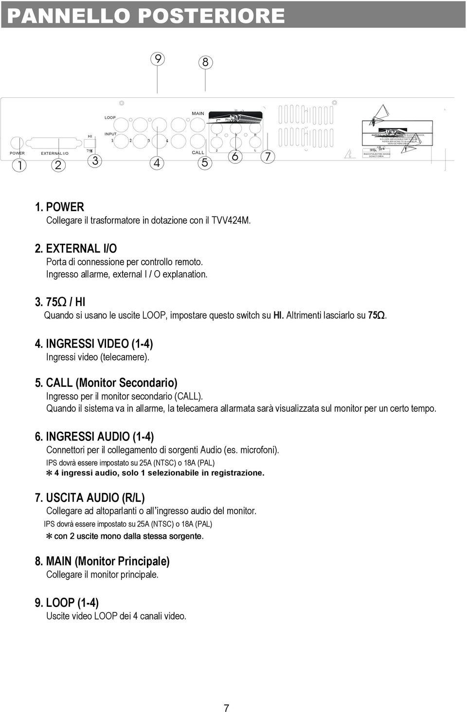 EXTERNAL I/O Porta di connessione per controllo remoto. Ingresso allarme, external I / O explanation. 3. 75Ω / HI Quando si usano le uscite LOOP, impostare questo switch su HI.