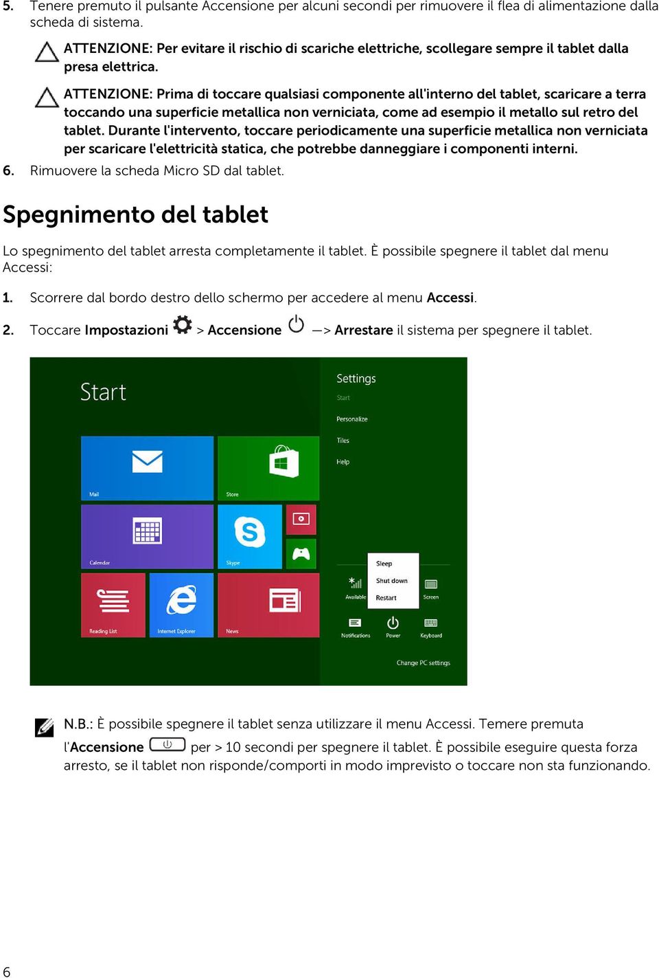 ATTENZIONE: Prima di toccare qualsiasi componente all'interno del tablet, scaricare a terra toccando una superficie metallica non verniciata, come ad esempio il metallo sul retro del tablet.