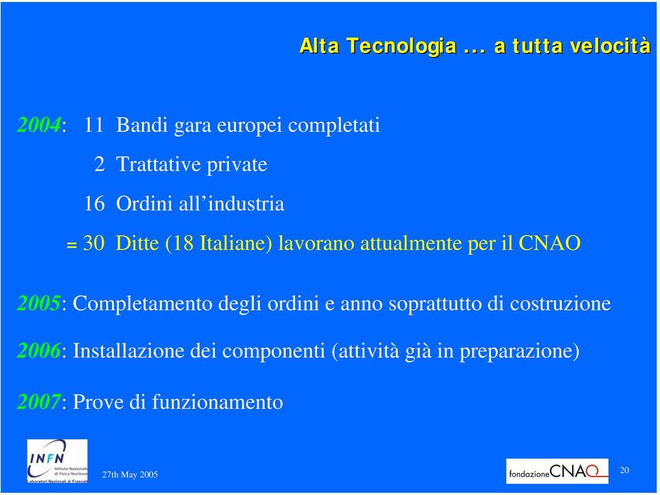 Ordini all industria = 30 Ditte (18 Italiane) lavorano attualmente per il CNAO 2005: