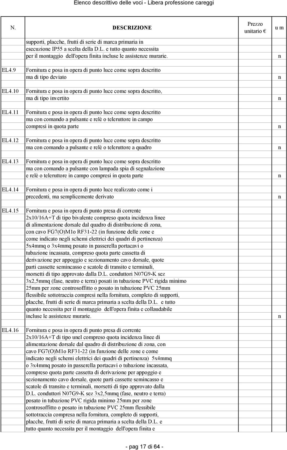 16 Foritura e posa i opera di puto luce come sopra descritto ma di tipo deviato Foritura e posa i opera di puto luce come sopra descritto, ma di tipo ivertito Foritura e posa i opera di puto luce