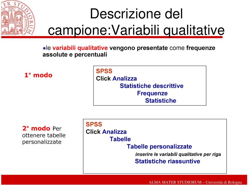 descrittive Frequenze Statistiche 2 modo Per ottenere tabelle personalizzate Click