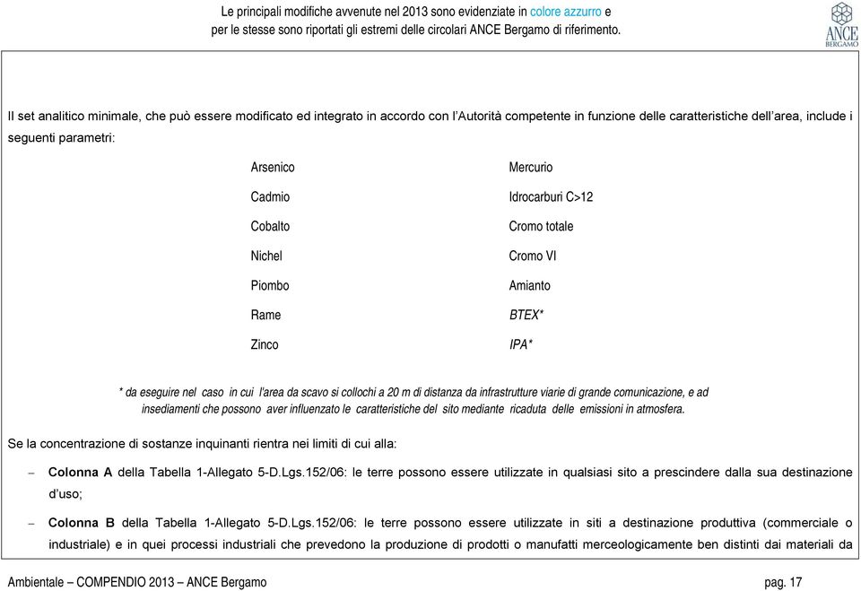 Cadmio Idrocarburi C>12 Cobalto Nichel Piombo Rame Zinco Cromo totale Cromo VI Amianto BTEX* IPA* * da eseguire nel caso in cui l'area da scavo si collochi a 20 m di distanza da infrastrutture viarie