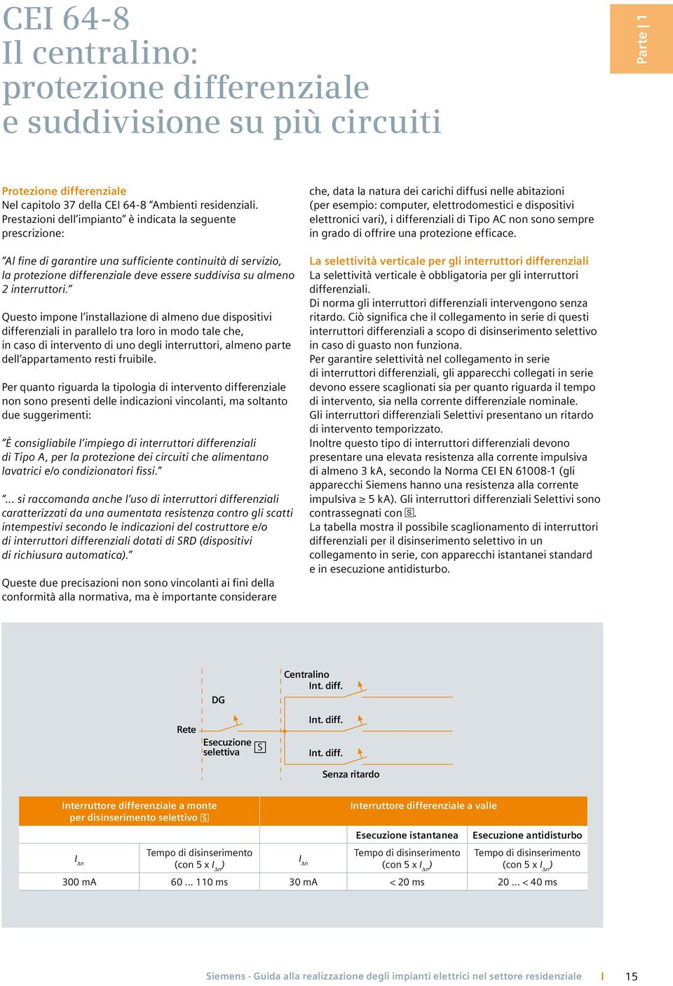 Questo impone l installazione di almeno due dispositivi differenziali in parallelo tra loro in modo tale che, in caso di intervento di uno degli interruttori, almeno parte dell appartamento resti