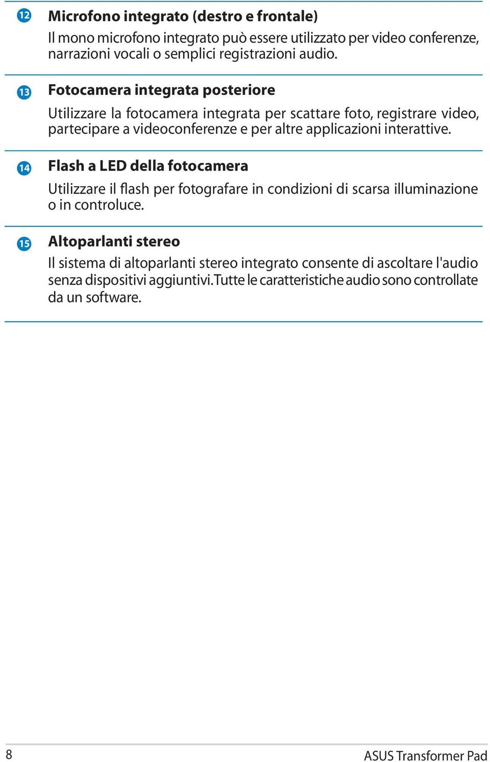 interattive. 14 Flash a LED della fotocamera Utilizzare il flash per fotografare in condizioni di scarsa illuminazione o in controluce.