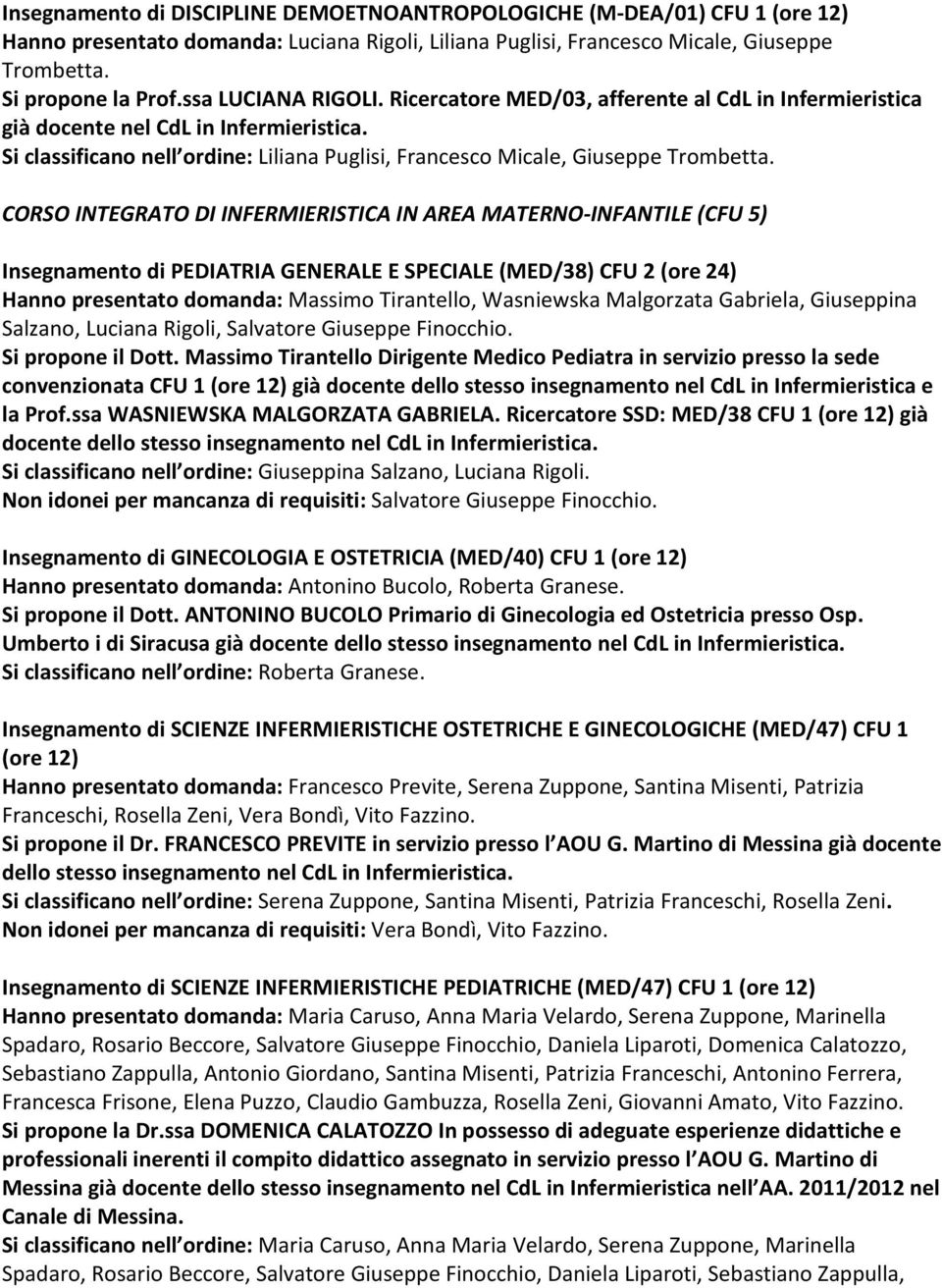 CORSO INTEGRATO DI INFERMIERISTICA IN AREA MATERNO-INFANTILE (CFU 5) Insegnamento di PEDIATRIA GENERALE E SPECIALE (MED/38) CFU 2 (ore 24) Hanno presentato domanda: Massimo Tirantello, Wasniewska