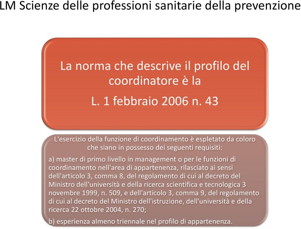 di coordinamento nell'area di appartenenza, rilasciato ai sensi dell'articolo 3, comma 8, del regolamento di cui al decreto del Ministro dell'università e della ricerca scientifica e