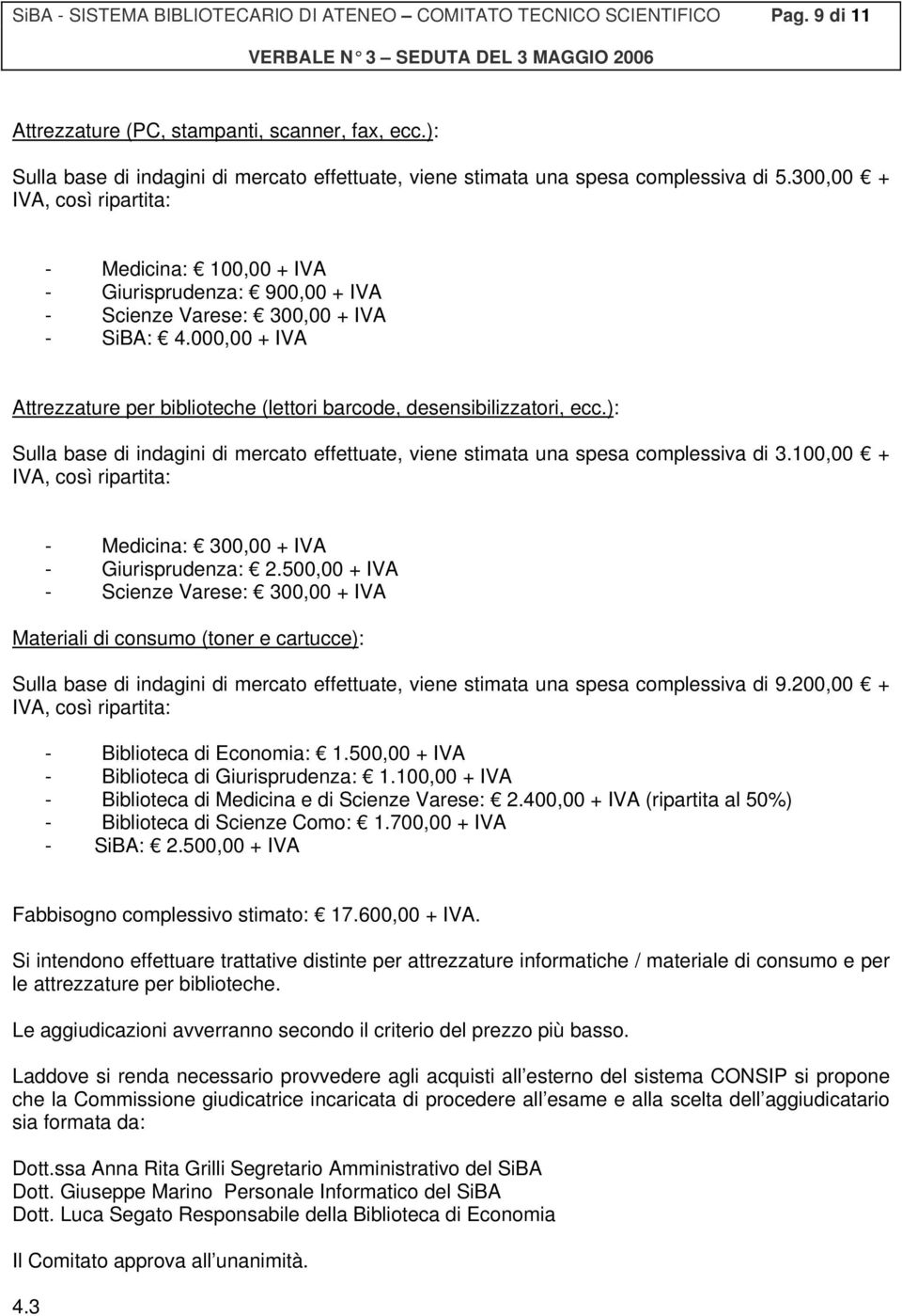 300,00 + IVA, così ripartita: - Medicina: 100,00 + IVA - Giurisprudenza: 900,00 + IVA - Scienze Varese: 300,00 + IVA - SiBA: 4.