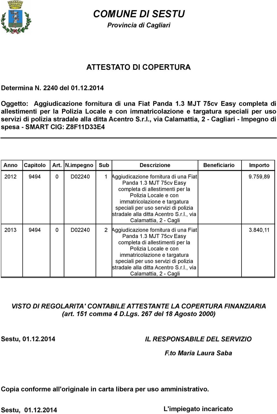 N.impegno Sub Descrizione Beneficiario Importo 2012 9494 0 D02240 1 Aggiudicazione fornitura di una Fiat 9.759,89 Panda 1.