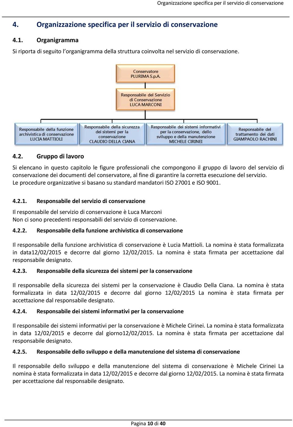 Gruppo di lavoro Si elencano in questo capitolo le figure professionali che compongono il gruppo di lavoro del servizio di conservazione dei documenti del conservatore, al fine di garantire la