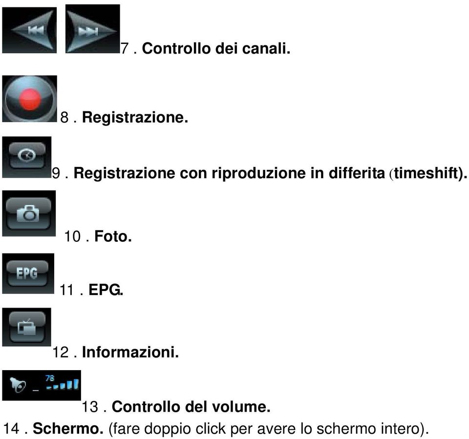 10. Foto. 11. EPG. 12. Informazioni. 13.