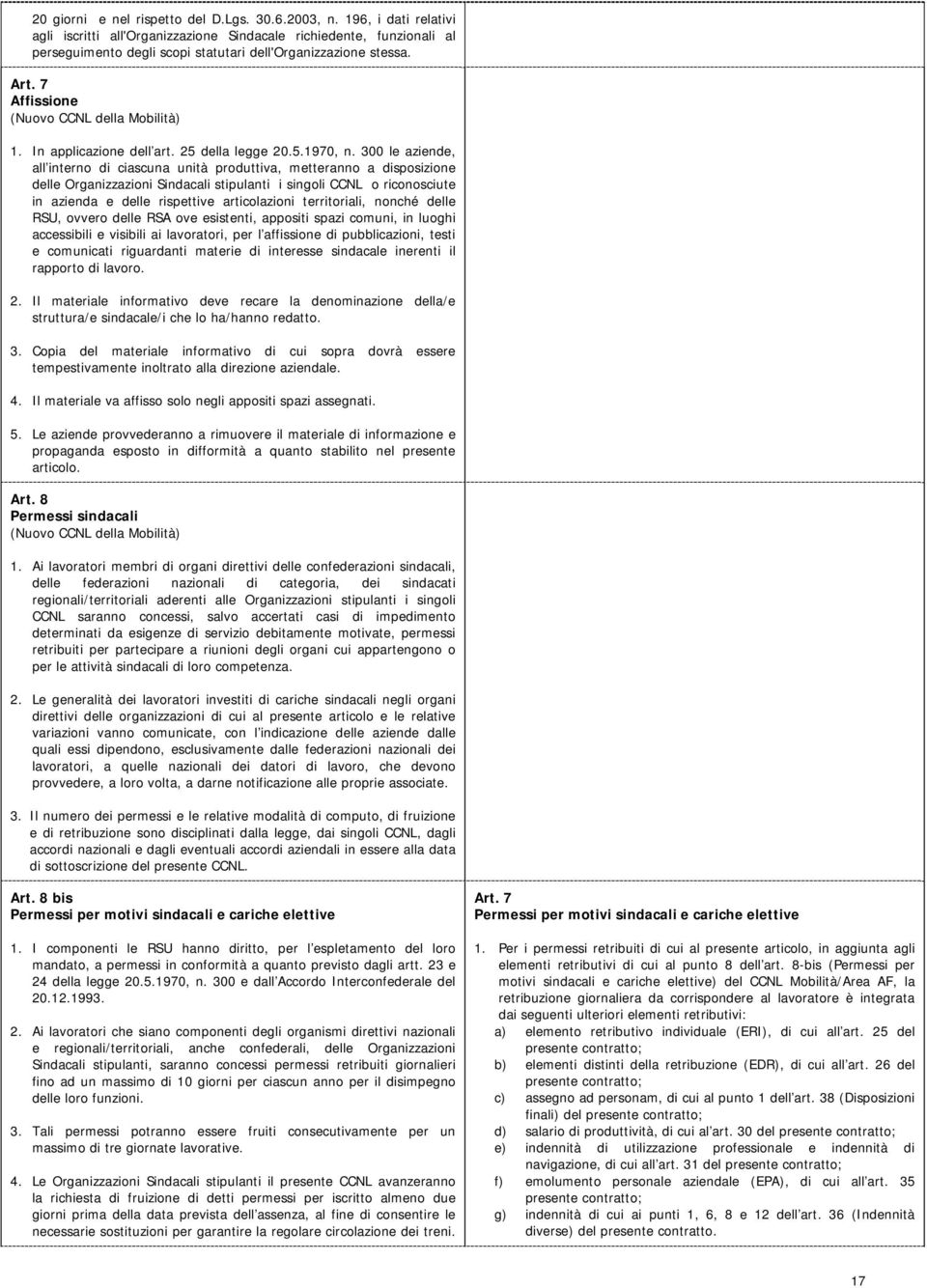 7 Affissione (Nuovo CCNL della Mobilità) 1. In applicazione dell art. 25 della legge 20.5.1970, n.