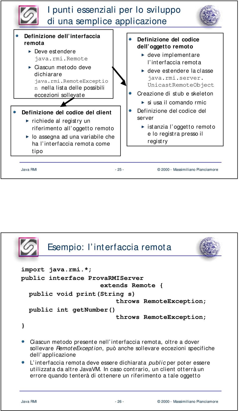 remoteexceptio n nella lista delle possibili eccezioni sollevate Definizione del codice del client richiede al registry un riferimento all oggetto remoto lo assegna ad una variabile che ha l