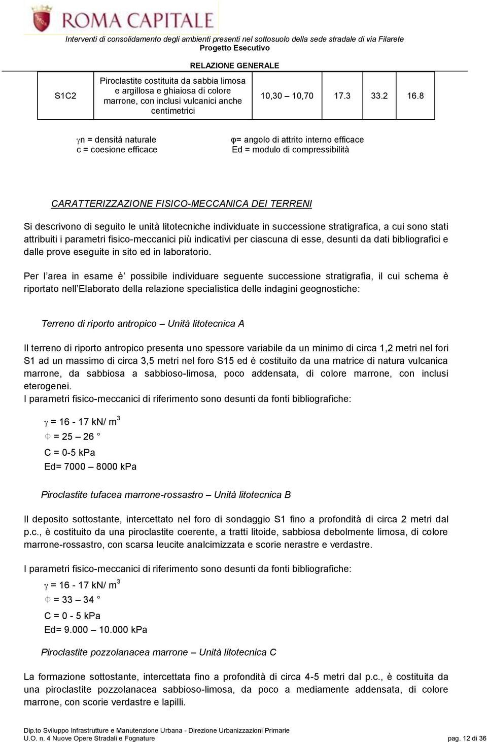 stratigrafica, a cui sono stati attribuiti i parametri fisico-meccanici più indicativi per ciascuna di esse, desunti da dati bibliografici e dalle prove eseguite in sito ed in laboratorio.