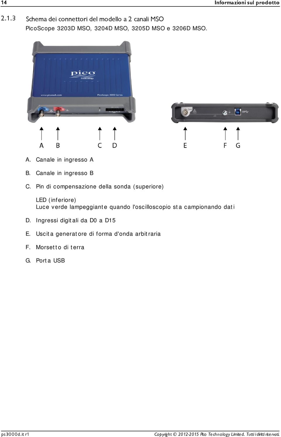 Pin di compensazione della sonda (superiore) LED (inferiore) Luce verde lampeggiante quando l'oscilloscopio sta campionando