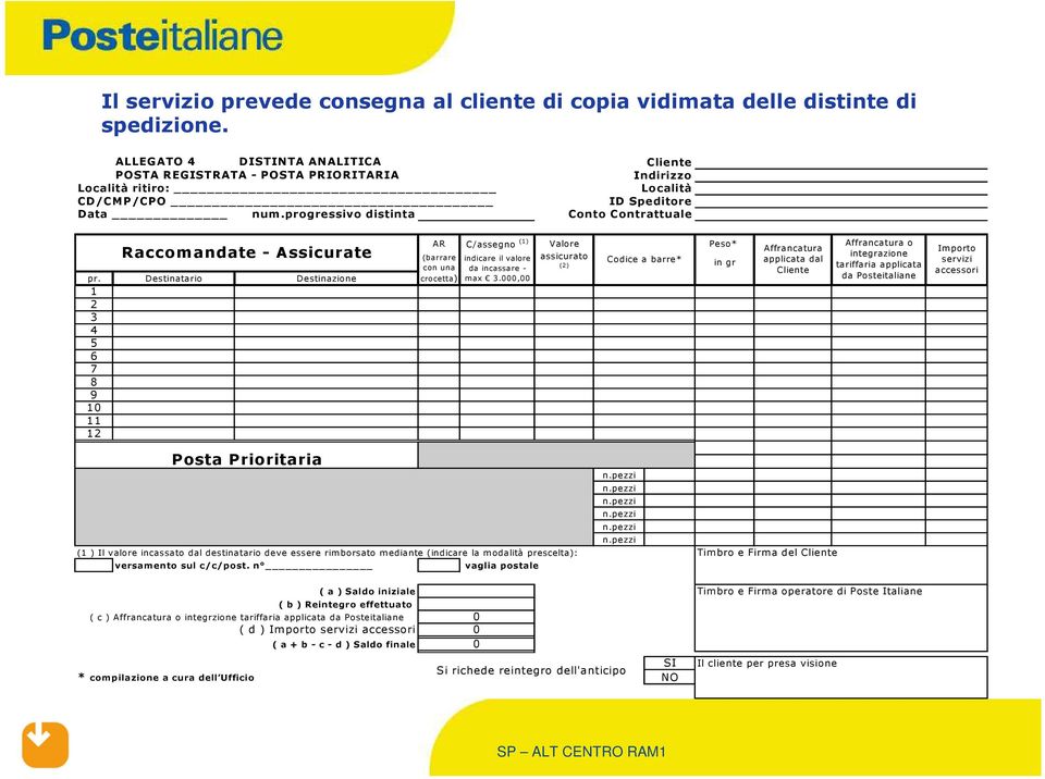 Destinatario Destinazione 1 2 3 4 5 6 7 8 9 10 11 12 AR C/assegno (1) Valore Peso* (barrare indicare il valore assicurato (2) Codice a barre* in gr con una da incassare - crocetta) max 3.