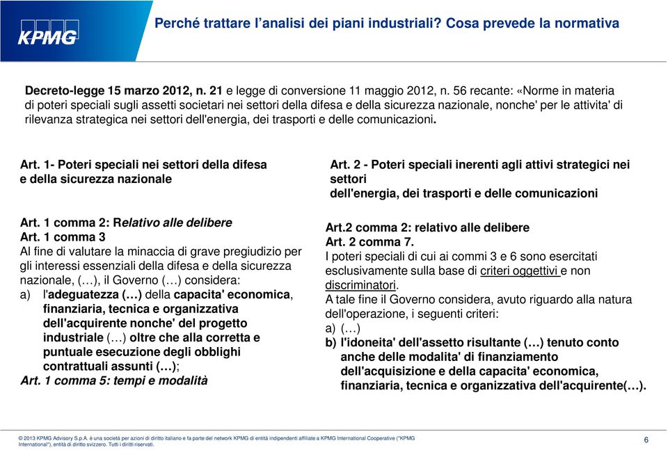 dell'energia, dei trasporti e delle comunicazioni. Art. 1- Poteri speciali nei settori della difesa e della sicurezza nazionale Art. 1 comma 2: Relativo alle delibere Art.