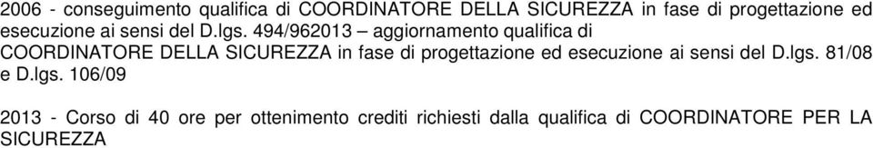 494/962013 aggiornamento qualifica di COORDINATORE DELLA SICUREZZA in fase di progettazione