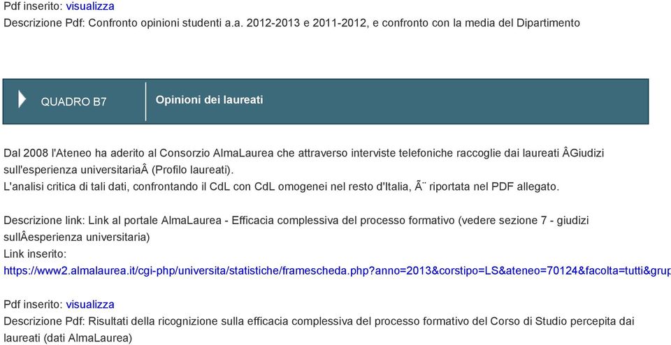 AlmaLaurea che attraverso interviste telefoniche raccoglie dai laureati ÂGiudizi sull'esperienza universitariaâ (Profilo laureati).