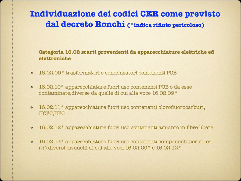 02.09* 16.02.11* apparecchiature fuori uso contenenti clorofluorocarburi, HCFC,HFC 16.02.12* apparecchiature fuori uso contenenti amianto in fibre libere 16.