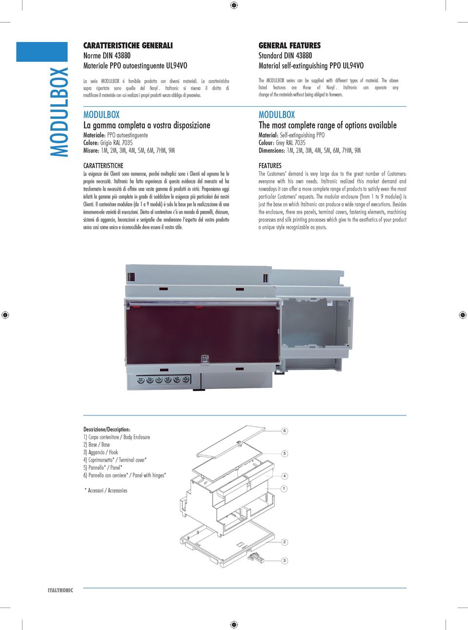 La gamma completa a vostra disposizione Materiale: PPO autoestinguente Colore: Grigio RAL 7035 Misure: 1M, 2M, 3M, 4M, 5M, 6M, 7HM, 9M GENERAL FEATURES Standard DIN 43880 Material self-extinguishing