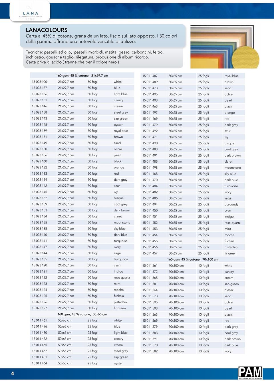 Carta priva di acido ( tranne che per il colore nero ) 160 gsm, 45 % cotone, 21x29,7 cm 15 023 100 21x29,7 cm 50 fogli white 15 023 137 21x29,7 cm 50 fogli blue 15 023 136 21x29,7 cm 50 fogli light
