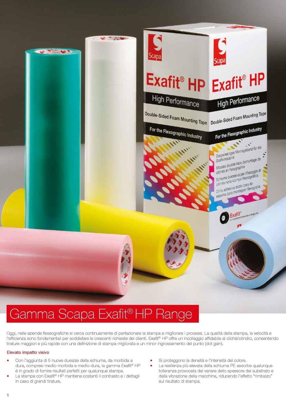 Exafit HP offre un incollaggio affidabile al cliché/cilindro, consentendo tirature maggiori e più rapide con una definizione di stampa migliorata e un minor ingrossamento del punto (dot gain).