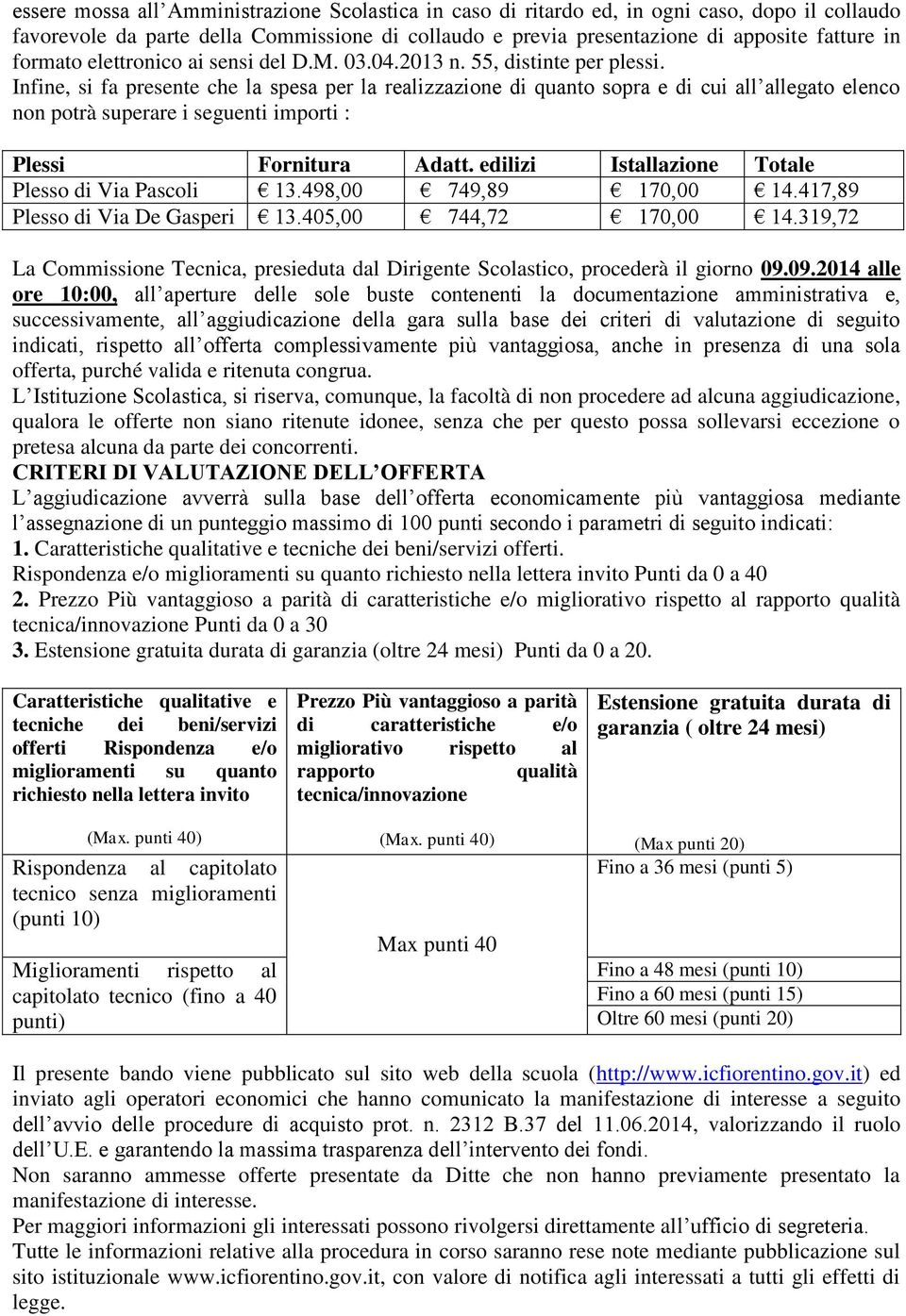 Infine, si fa presente che la spesa per la realizzazione di quanto sopra e di cui all allegato elenco non potrà superare i seguenti importi : Plessi Fornitura Adatt.