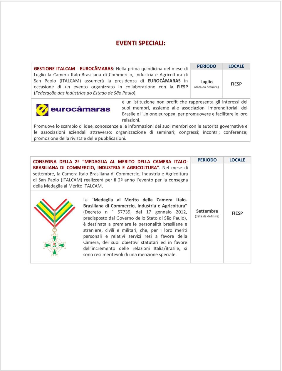 PERIODO Luglio (data da definire) LOCALE FIESP è un istituzione non profit che rappresenta gli interessi dei suoi membri, assieme alle associazioni imprenditoriali del Brasile e l'unione europea, per