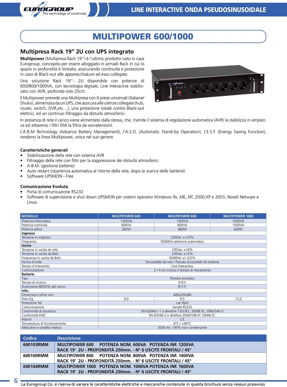 Una soluzione Rack 19-2U disponibile con potenze di 600/800/1000VA, con tecnologia digitale, Line Interactive stabilizzato con AVR, profonda solo 25cm.