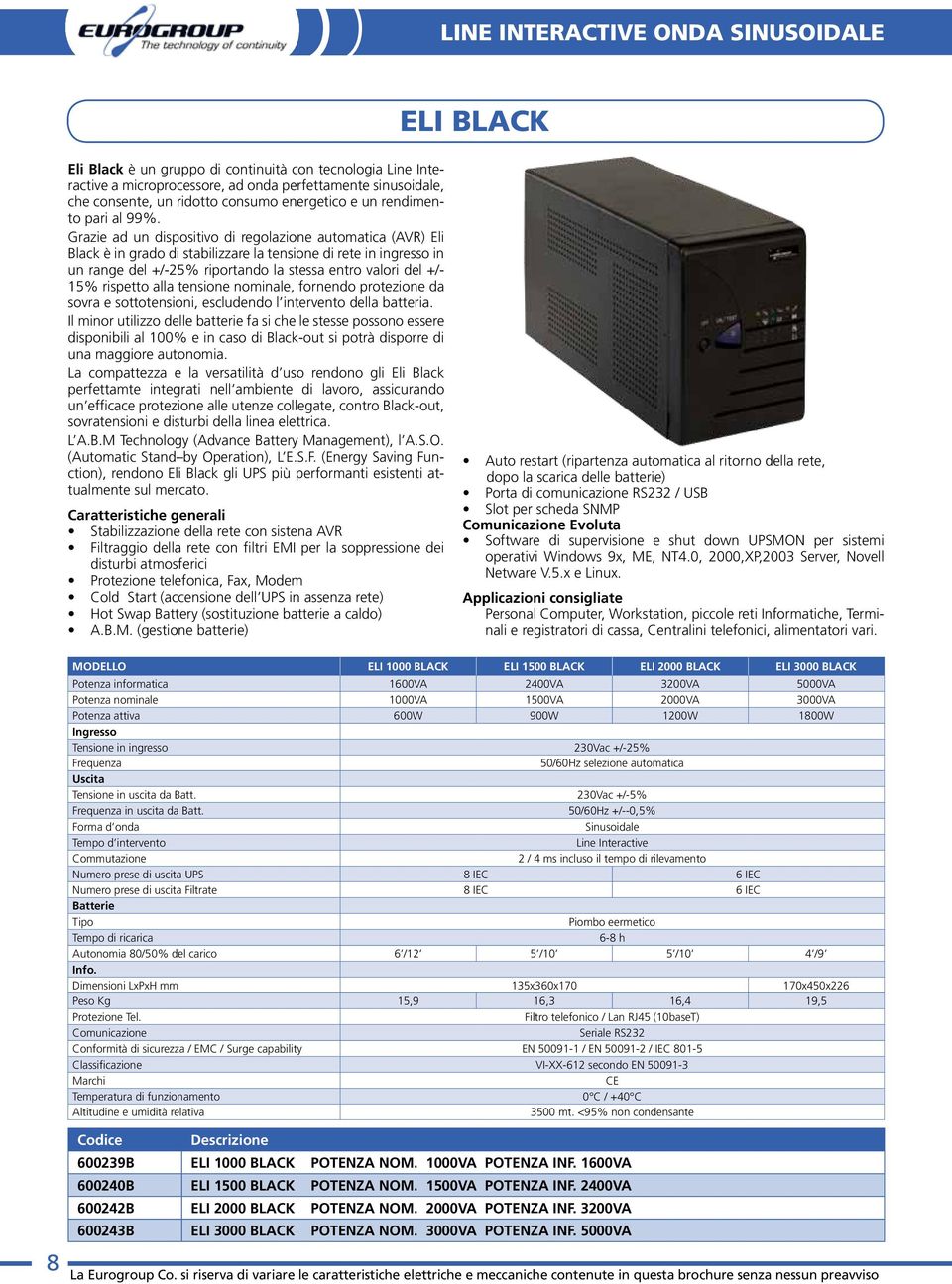 Grazie ad un dispositivo di regolazione automatica (AVR) Eli Black è in grado di stabilizzare la tensione di rete in ingresso in un range del +/-25% riportando la stessa entro valori del +/- 15%