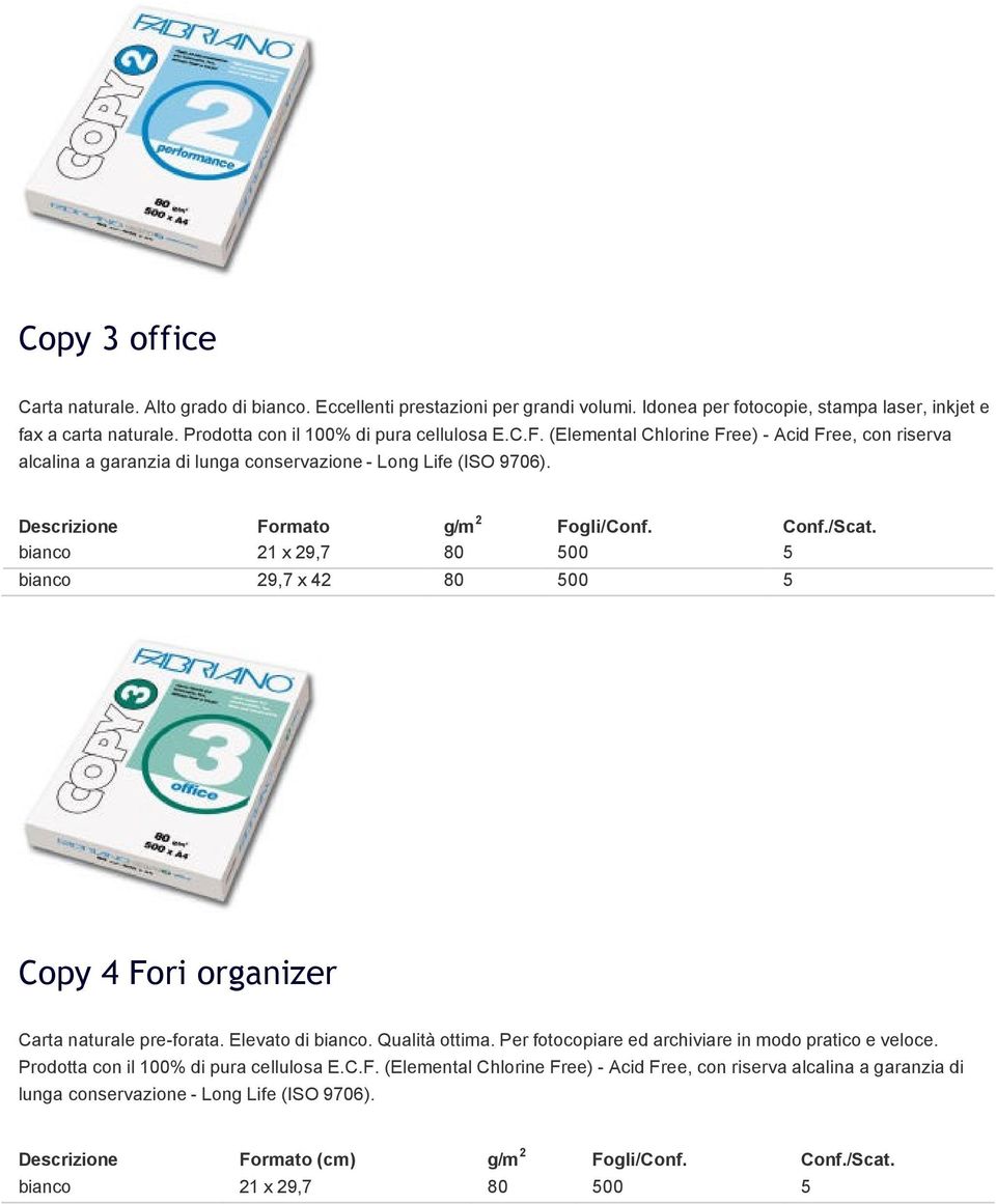 Descrizione Formato g/m 2 Fogli/Conf. Conf./Scat. bianco 21 x 29,7 80 500 5 bianco 29,7 x 42 80 500 5 Copy 4 Fori organizer Carta naturale pre-forata. Elevato di bianco. Qualità ottima.