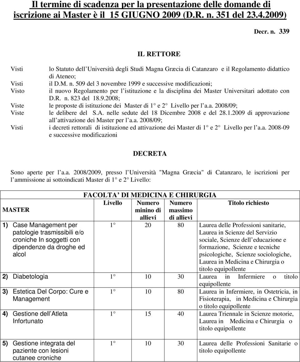 R. n. 823 del 18.9.2008; Viste le proposte di istituzione dei Master di 1 e 2 Livello per l a.a. 2008/09; Viste le delibere del S.A. nelle sedute del 18 Dicembre 2008 e del 28.1.2009 di approvazione all attivazione dei Master per l a.