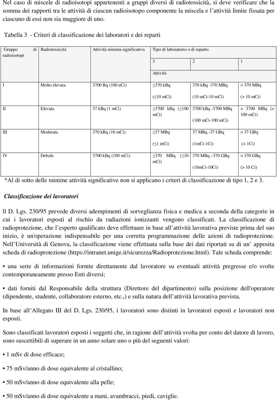 Tabella 3 - Criteri di classificazione dei laboratori e dei reparti Gruppo radioisotopi di Radiotossicità Attività minima significativa Tipo di laboratorio o di reparto 3 2 1 Attività I Molto elevata