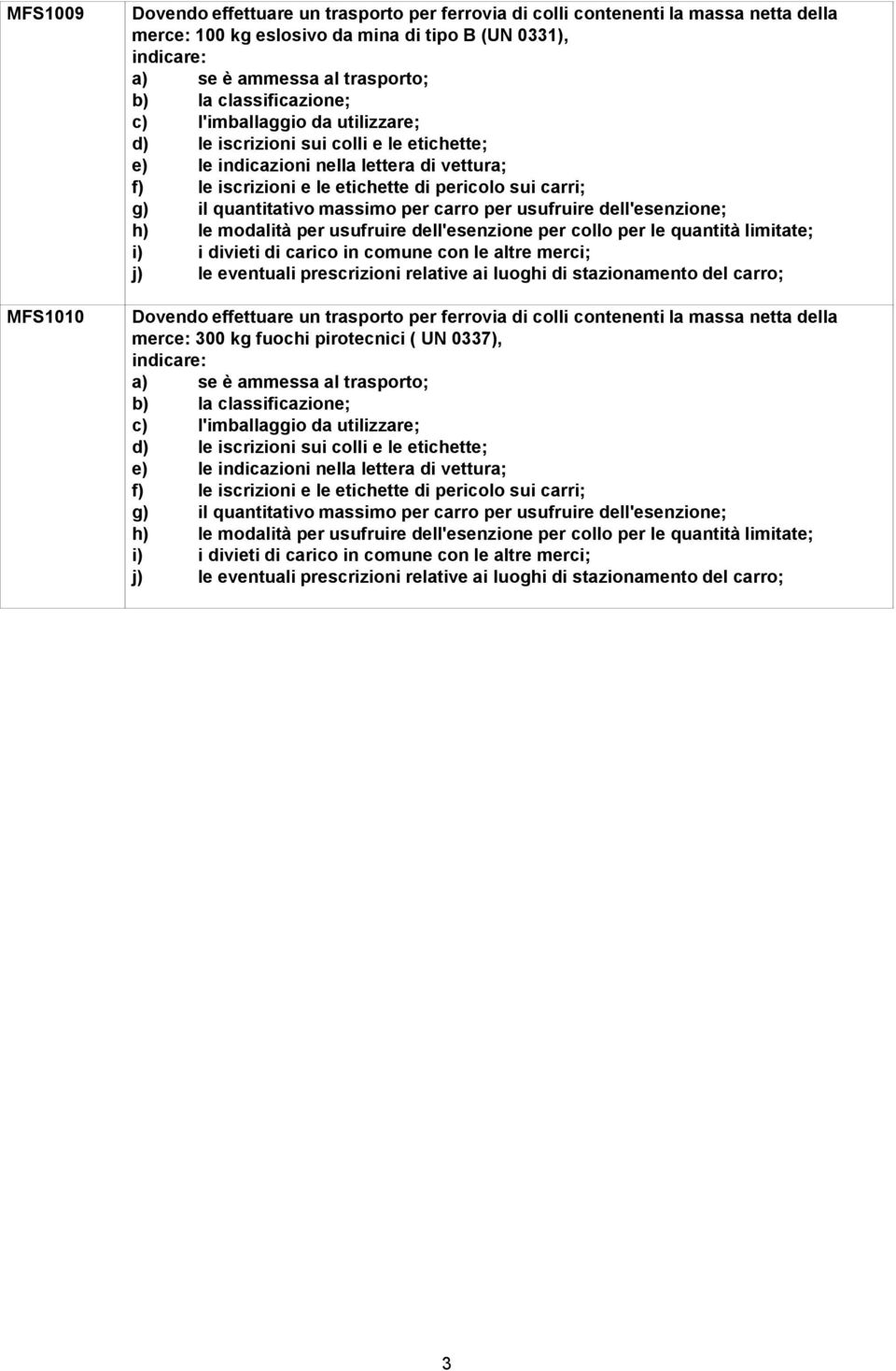 per carro per usufruire dell'esenzione; h) le modalità per usufruire dell'esenzione per collo per le quantità limitate; i) i divieti di carico in comune con le altre merci; j) le eventuali