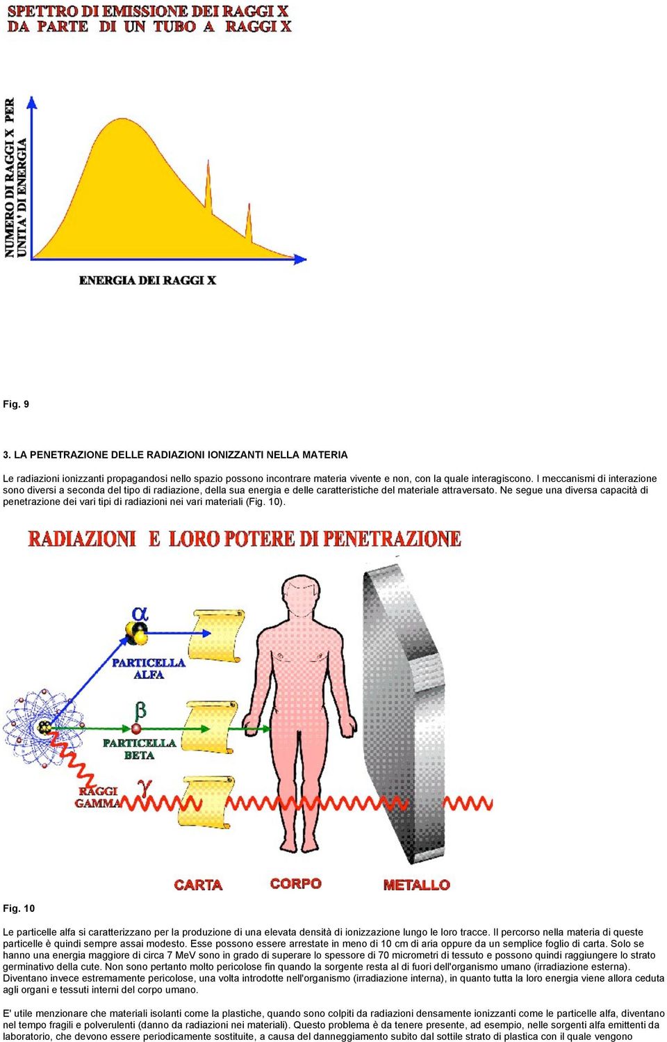 Ne segue una diversa capacità di penetrazione dei vari tipi di radiazioni nei vari materiali (Fig. 10). Fig.